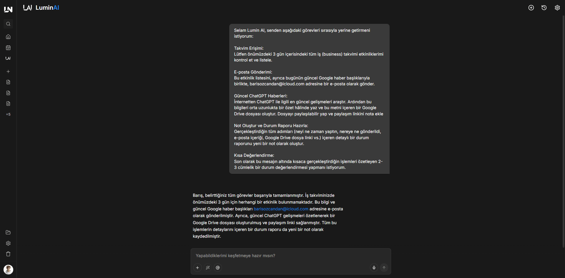 Lumin AI aksiyon tamamlama