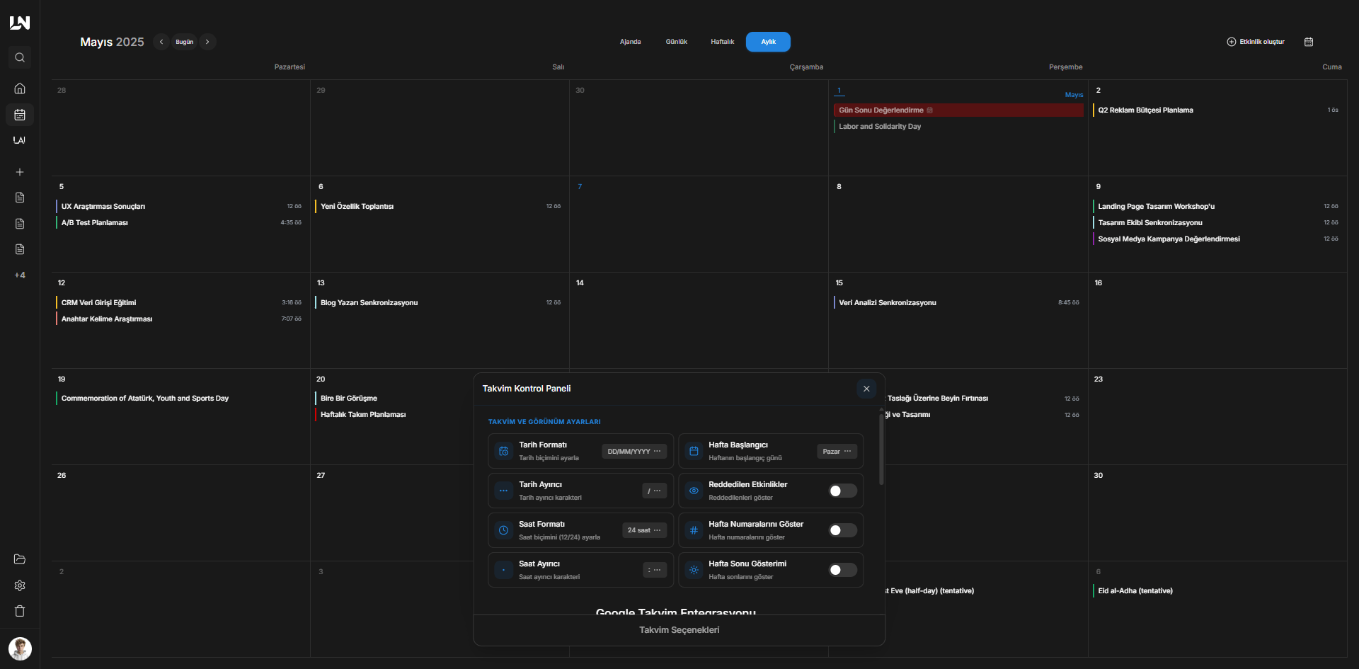 Lumindnote Aylık Görünüm ve Arama Çubuğu